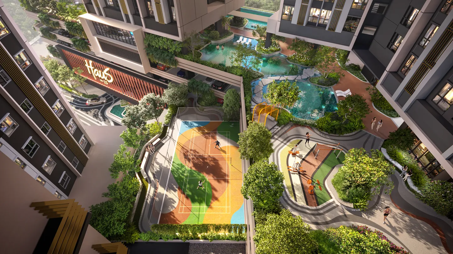 Looking down on the badminton and pickleball court on Level 5, with the pools and gardens of Level 7 beyond.