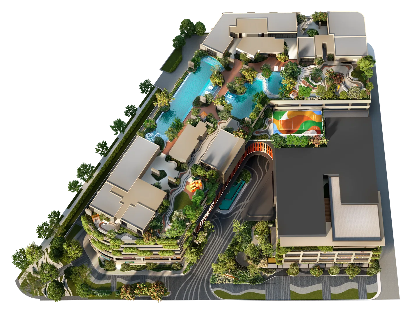 The whole facilities floor from above: pools and gardens between the towers, and the court on Level 5 below.