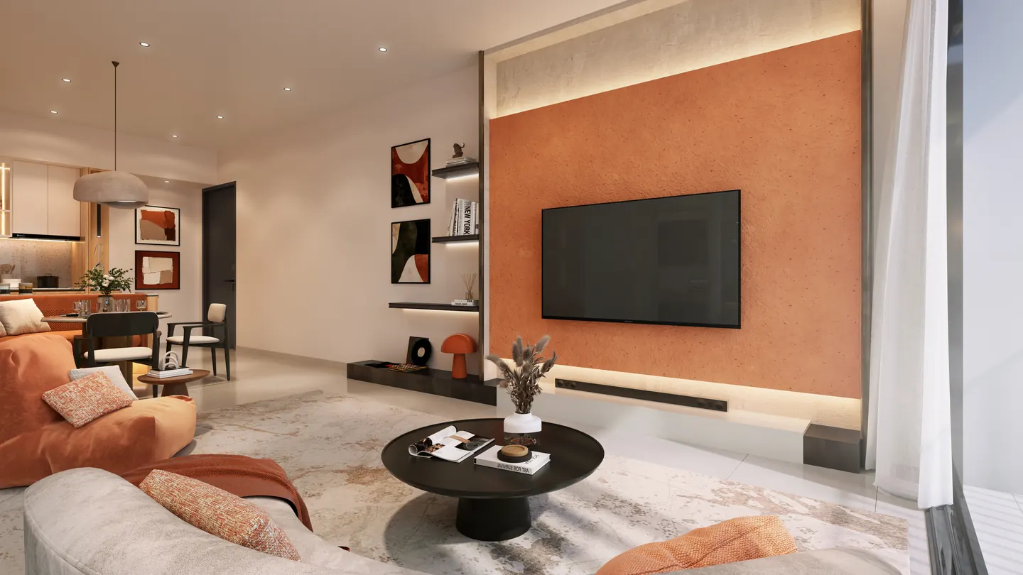 A Type D living room, with the dining area and the kitchen beyond.