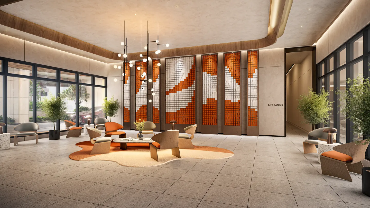 The lobby, with its wall of terracotta and white mosaic and its stone floor.