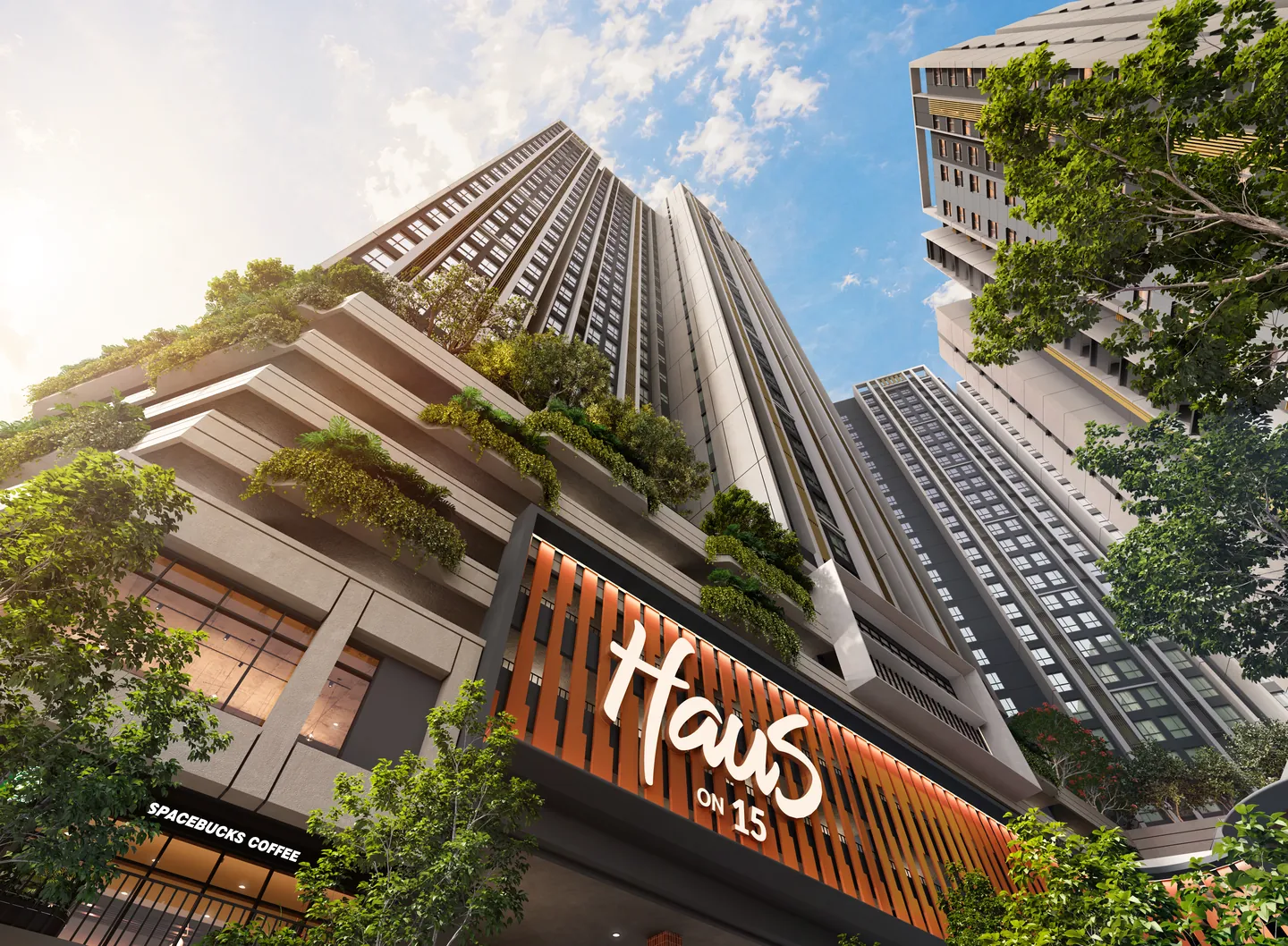 Looking up from the street, past planted terraces and the orange fins of the Haus On 15 sign, to the towers.