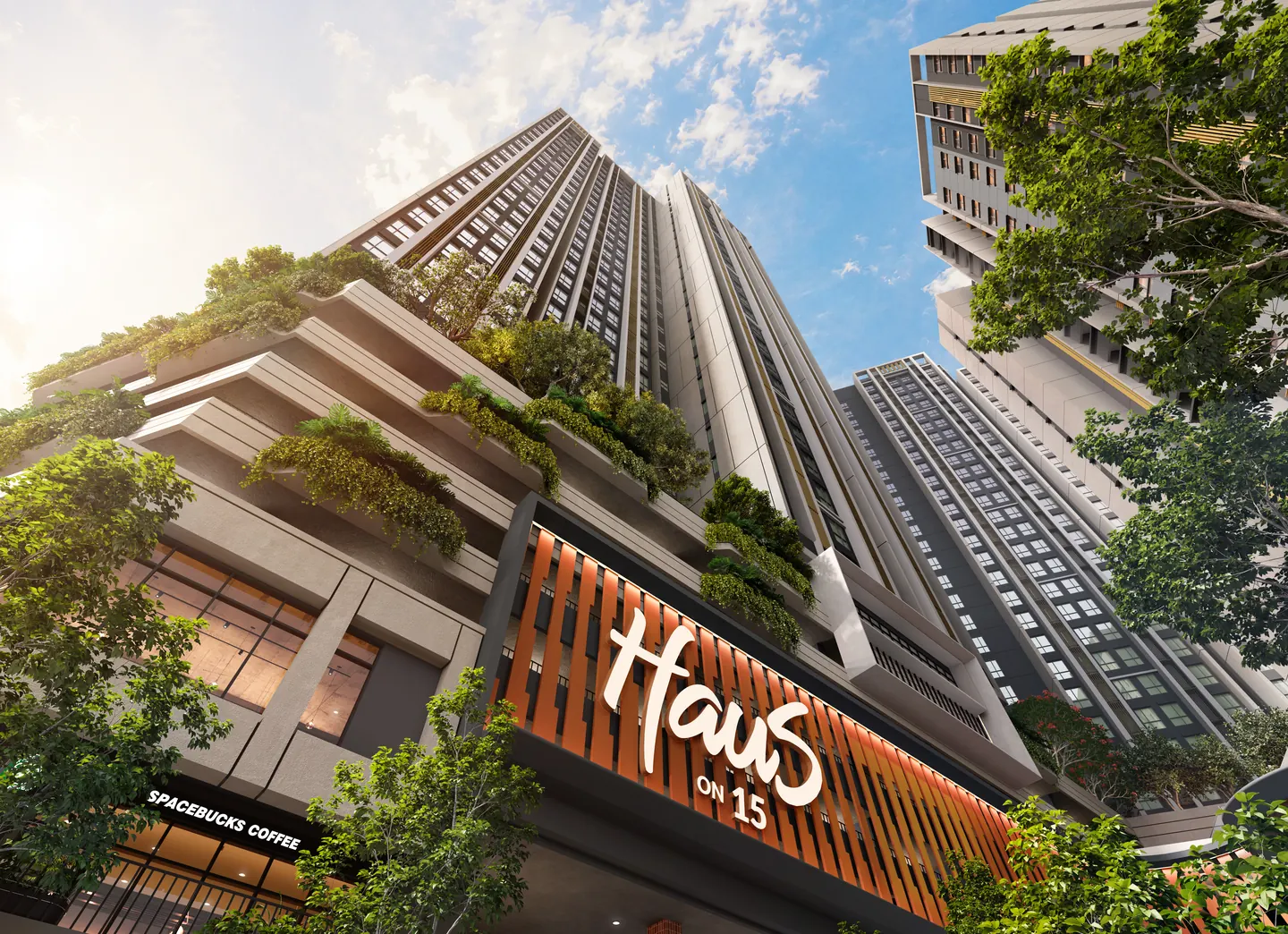 Looking up from the street, past planted terraces and the orange fins of the Haus On 15 sign, to the towers.