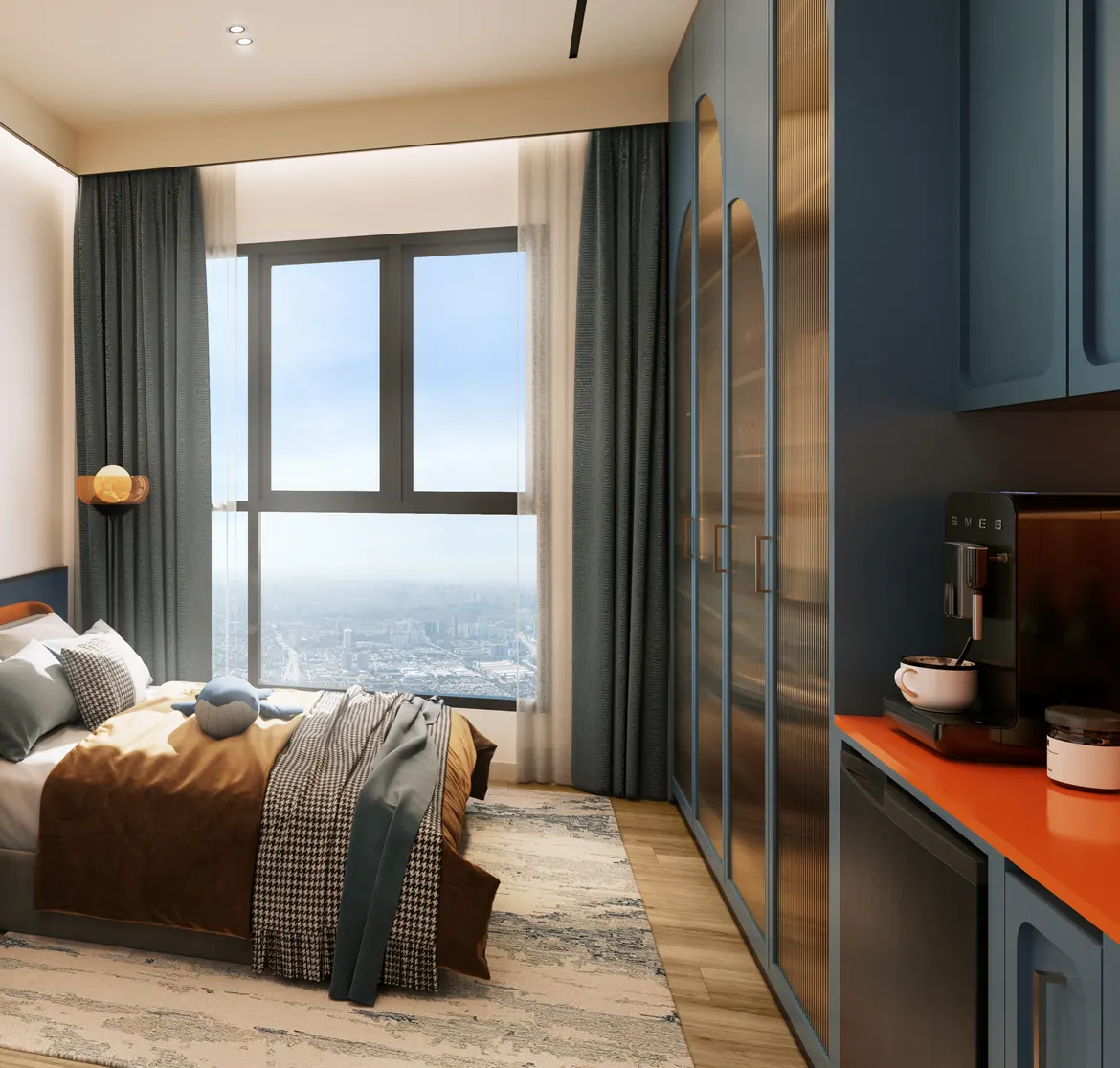 The bedroom of a Type D private suite: a bed by the window, a wall of wardrobes and the pantry counter.